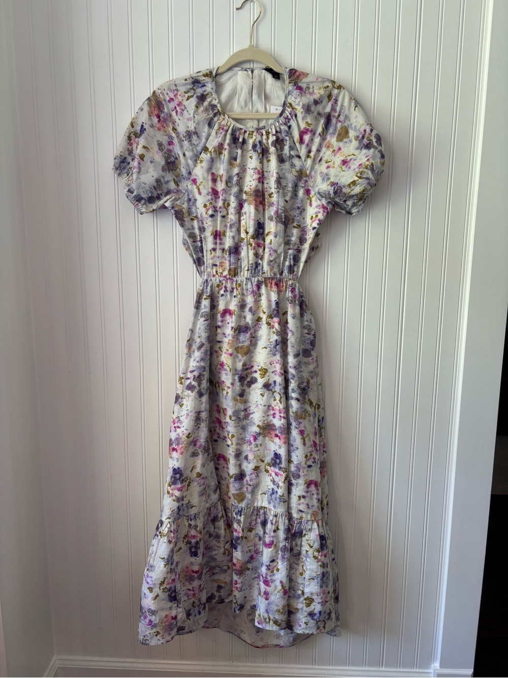 J. Crew Watercolor Floral Puff Sleeve Midi Dress in White, Purple and Pink